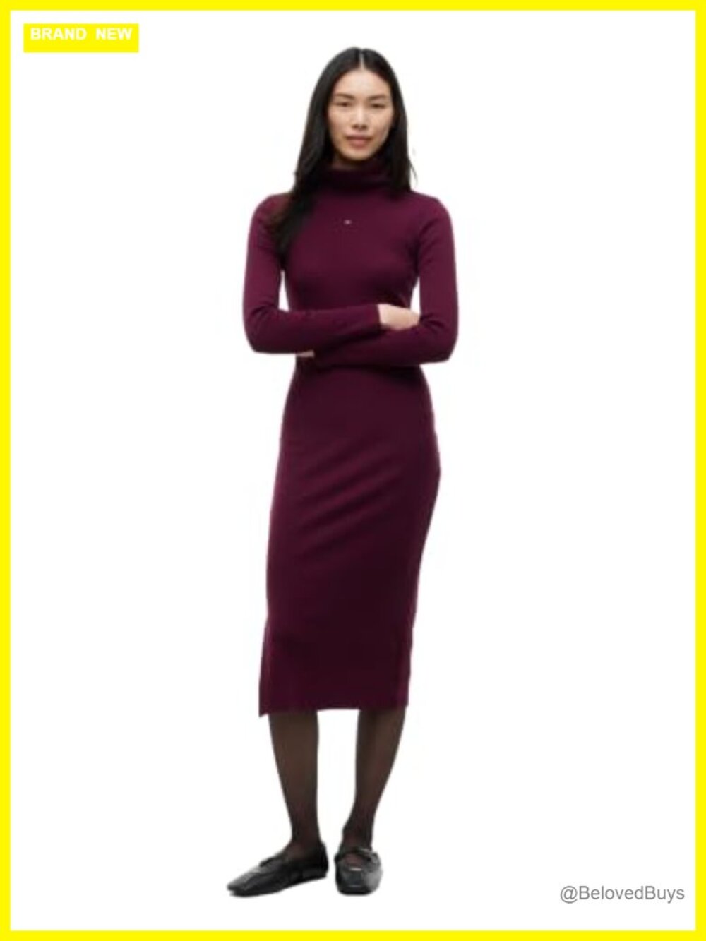 Cotton Turtleneck Bodycon Midi Dress with Stretch Long Sleeve Casual